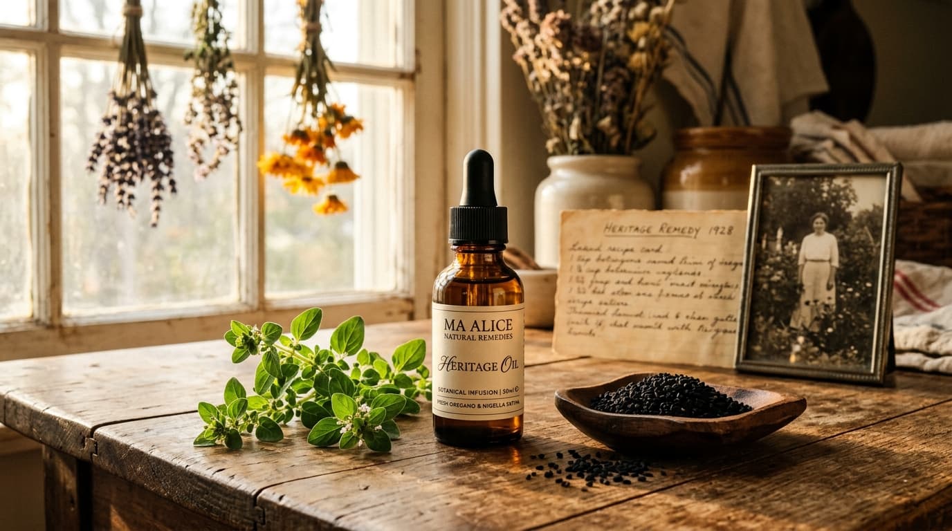 Ma Alice Natural Remedies Heritage Oil in Southern kitchen apothecary setting with oregano and black cumin seeds